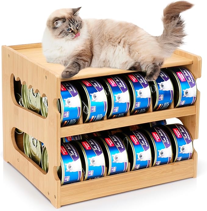 Bamboo Can Organizer for Pantry, 2 Tier Canned Cat Food Organizer for Kitchen Counter, Cat Food Storage Holds Up to 36 Cans, Can Rack Organizer for Human and Pet Food Cans, FlFO Design
