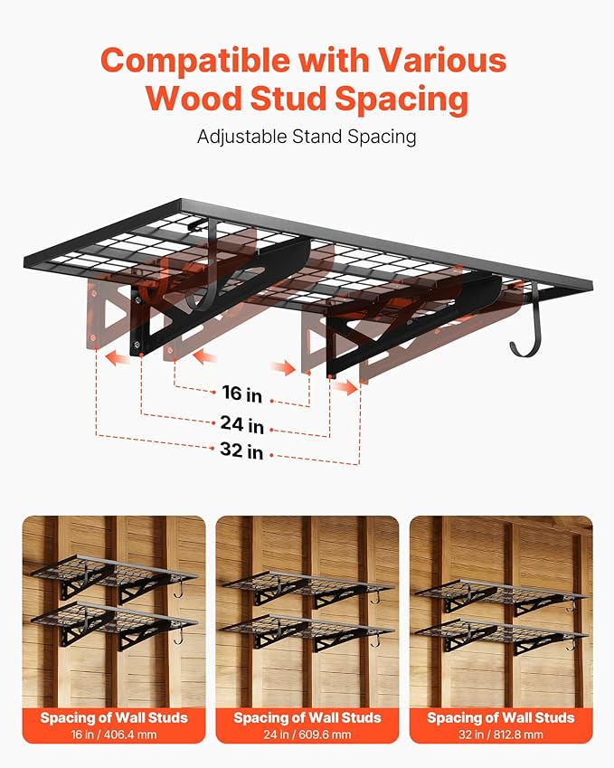 VEVOR 2-Pack Heavy Duty Garage Wall Shelving, 2 x 4 ft Steel Wall Mounted Shelving Unit with Hooks, 24 x 48 Inch Per Shelf Floating Storage Metal Rack for Garage, 500 lbs Total Weight Capacity