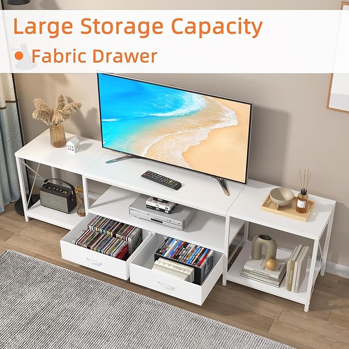 GYIIYUO TV Stand with Fabric Drawer for 65 70 75 Inches TV - Entertainment Center and Industrial TV Console Table with Open Storage Shelves for Living Room, Bedroom - 63" White