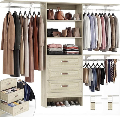 8FT Closet System with 3 Curved Drawers, 96'' Wooden Walk-in Closet Organizer with 3 Top Shelves, Adjustable Organizer System with 3 Hanging Rods, Built-in Wardrobe Storage Rack for 4-8 ft, White Oak
