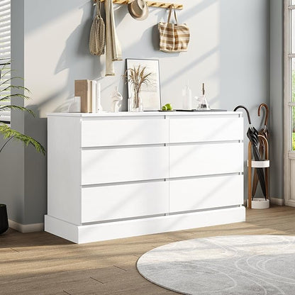 DICTAC 6 Drawers Dresser for Bedroom, White Modern Chest of Drawers, Storage Tower Clothes Organizer Closet, Long Double Dresser with No Handle Drawers, Dimensions 51.6''L x 15.7''D x 29.3''H