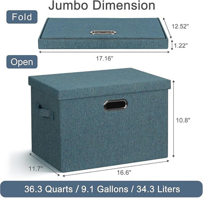 Large 17" 36 Quart Collapsible Stackable Storage Bins with Lids, 3 Packs Blue-Green Linen Fabric Closet Boxes with Lids, Storage Cube Baskets Container Organizers for Bedroom (17x12x11)