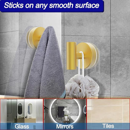 Suction Cup Hooks, Shower Hooks for Inside Shower – Removable Towel Hooks for Bathroom Window Glass Mirror Tile, Bath Robe Looafh Hook for Hanging – Waterproof & Rustproof, Gold(2 Pack)