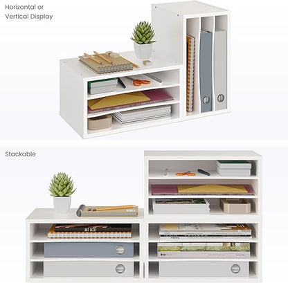 Ballucci Paper Organizer, 3-Tier Stackable Wood Desk Organizer, Document File Organizer and Mail Sorter with Adjustable Storage Shelves, White