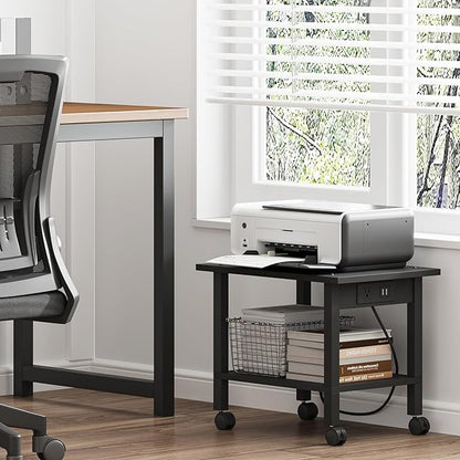 TUTOTAK 2 Tier Printer Stand, Rolling Printer Cart with Power Outlets and USB Ports, Mobile Printer Table with Wheels, for Under Desk, Office, Home, Black PS01BK001P