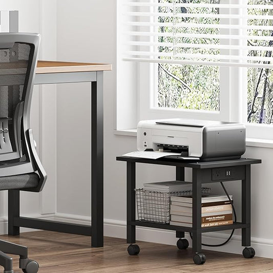 TUTOTAK 2 Tier Printer Stand, Rolling Printer Cart with Power Outlets and USB Ports, Mobile Printer Table with Wheels, for Under Desk, Office, Home, Black PS01BK001P