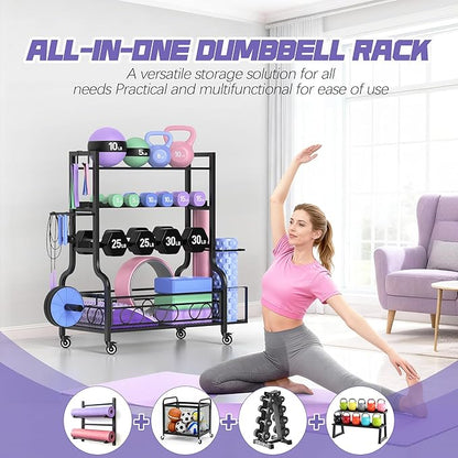 PARTPHONER Adjustable Dumbbell Rack, Weight Rack for Home Gym Storage, Home Gym Storage for Stores Dumbbells, Kettlebells and Yoga Mats, All in One Workout Storage Racks with Wheels and Hooks, Durable Powder Coated Steel