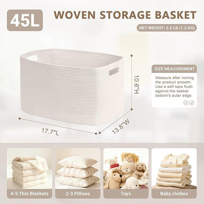 45L Small Baby Girls Laundry Basket for Nursery Storage,Cute Woven cotton Rope Baskets for Kids Toy，Gifts,Boho Square Wicker Blanket hamper for Living Room,Bedroom Dirty Clothes, White
