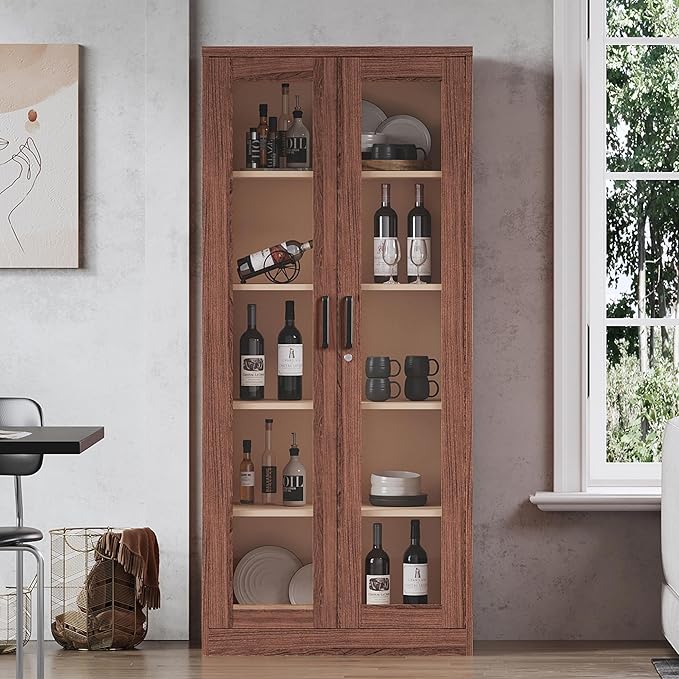 Glass Display Cabinet,Metal Storage Cabinet with Doors and 4 Adjustable Shelves,Lockable Glass Display Case for Home,Office and Exhibition Hall (Rustic Brown)
