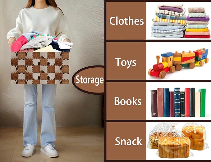 Checkered Kids Toy Basket Collapse Storage Bin with Handles Canvas Cow Fur Print Home Decor(Brown White)