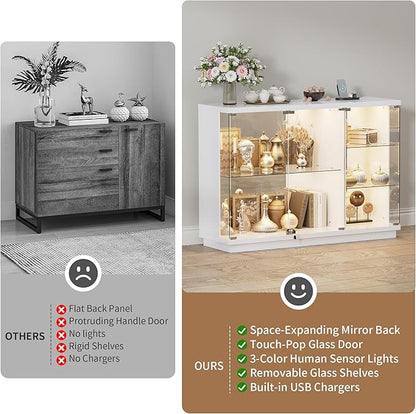 HNEBC Lockable Display Curio Cabinet with Glass Door,47.2" W Glass Display Cabinet with 3 Color Lights for Collectibles,5-Tier Lighted Display Case with Human Sensor,Living Room,White