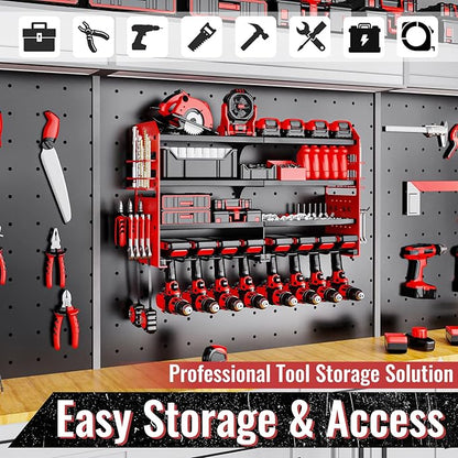 Power Tool Organizer Wall Mount, Metal Power Tool Storage Rack with Screwdriver Holder, Garage Tool Storage Shelves with Screwdriver Holder Plier Holder (Red, 8 Drills Holder)