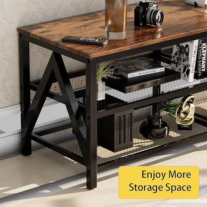 TV Stand for TVs up to 70 Inch, 63" Long Industrial TV Console Table with 3-Tier Storage Shelves, Entertainment Center for Living Room, Bedroom (Brown)