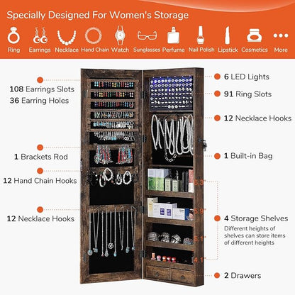 GISSAR Full Length Mirror Jewelry Cabinet, 6 LEDs Jewelry Armoire Wall Mounted Over The Door Hanging, Jewelry Organizer Storage with Lights Lockable, Vintage Brown, 14.6" x 47.2"