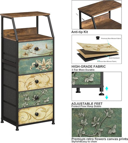 Tohomeor Nightstand with Fabric Drawers Dresser with 2 Tier Shelf Storage Tower for Bedroom Hallway Entryway Closet Organizer Sofa Beside Table Furniture (Multi, 5 Drawers)