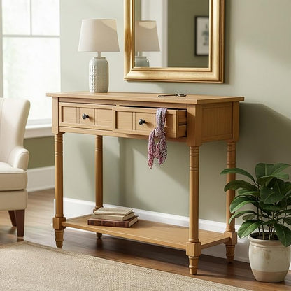35.34" Console Table Traditional Design with Two Drawers and Bottom Shelf,Natural