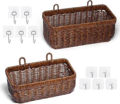 2 PCS Hanging Wall Basket,Wicker Fruit Racks,Open Storage Bins,Hand-Woven Shelf Basket,For Garlic, Ginger, Eggs, Onions,And Fruits, Kitchen And Living Room Storage Boxes(Brown-(M+L))