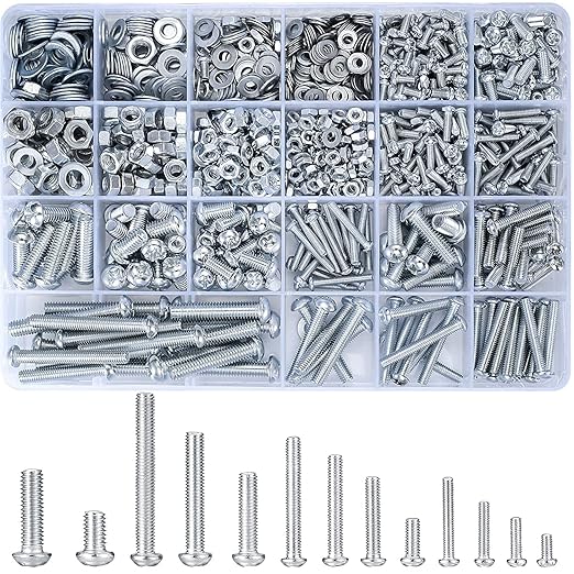 1080 Pcs Screws Bolts and Nuts Assortment Kit, Metric Machine Screws and Nuts and Flat Washers, M3/M4/M5/M6 Cross Slotted Round Head Bolts Sets (C)