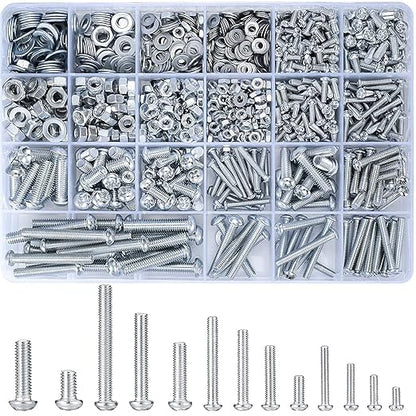 1080 Pcs Screws Bolts and Nuts Assortment Kit, Metric Machine Screws and Nuts and Flat Washers, M3/M4/M5/M6 Cross Slotted Round Head Bolts Sets (C)