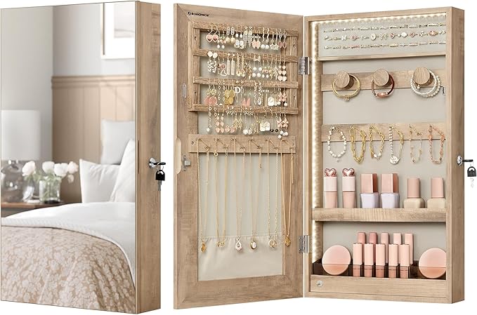 SONGMICS Mirror Jewelry Cabinet Armoire with Built-in LED Lights, Wall or Door Mounted Jewelry Storage Organizer, 3.8 x 14.6 x 26.4 Inches Hanging Mirror Cabinet, Gift Idea, Camel Brown UJJC050N01