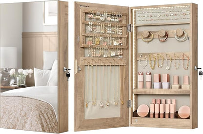 SONGMICS Mirror Jewelry Cabinet Armoire with Built-in LED Lights, Wall or Door Mounted Jewelry Storage Organizer, 3.8 x 14.6 x 26.4 Inches Hanging Mirror Cabinet, Gift Idea, Camel Brown UJJC050N01
