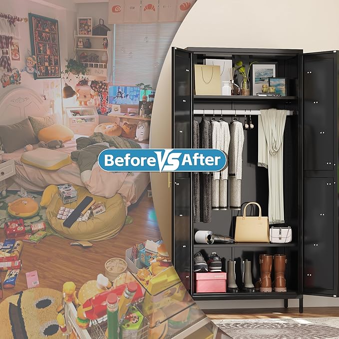 Aobabo 2 Door Metal Wardrobe Cabinet with Hanging Rod, Metal Wardrobe Closet with 2 Adjustable Shelves, Storage Lockers for Home,Office,Installation Required, Black