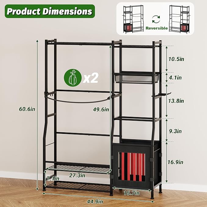Garage Sports Equipment Organizer, Golf Bag Storage Rack, Organizer for 2 Golf Bag , Indoor/Outdoor Ball Storage Bins for Toy Sports Gear Storage, Ideal for Home, Garage, Club, Shed, Basement