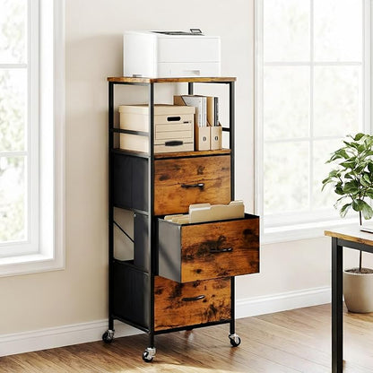 51" H Tall Mobile File Cabinet, Rolling Printer Stand with 3 Drawers, Adjustable Hanging Rails for A4/Letter/Legal Files, Fabric Vertical Filing Cabinet for Home Office, Rustic Brown