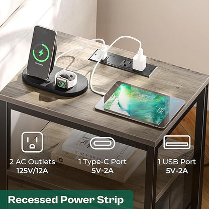 Huuger Nightstand with Charging Station, Fabric Drawers, End Table with Open Shelf, Bedside Table with USB Ports and Outlets, Night Stand for Bedroom, Oak