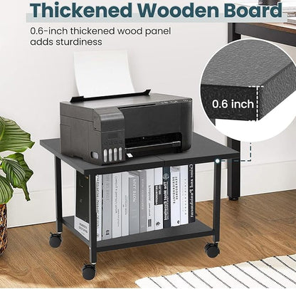 Printer Stand with Storage Under Desk Shelf, Desktop Printer Stand Organizer, Rolling Printer Cart Storage Paper Files Holder for Desk, Office, Home, (Black)