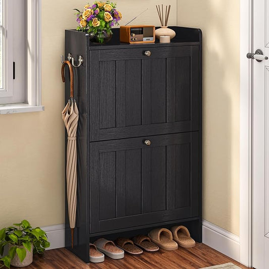 Gizoon Shoe Cabinet with Open Storage, Shoe Storage Cabinet for Entryway, Freestanding Narrow Rack with 2 Flip Drawers, Space-Saving, for Hallway, Black