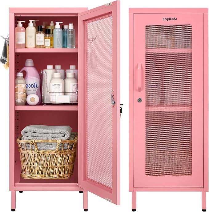 Metal Storage Cabinet, 39.37" H Small Pink Metal Locker Cabinets with Lockable Mesh Door and Handle, 2 Adjustable Shelves, 2 Pegboards & 6 Hooks for Home, Office, Bedroom, Kitchen, Assembly Required