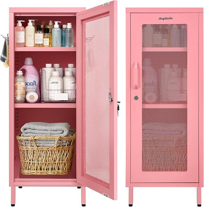 Metal Storage Cabinet, 39.37" H Small Pink Metal Locker Cabinets with Lockable Mesh Door and Handle, 2 Adjustable Shelves, 2 Pegboards & 6 Hooks for Home, Office, Bedroom, Kitchen, Assembly Required