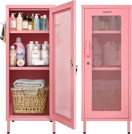 Metal Storage Cabinet, 39.37" H Small Pink Metal Locker Cabinets with Lockable Mesh Door and Handle, 2 Adjustable Shelves, 2 Pegboards & 6 Hooks for Home, Office, Bedroom, Kitchen, Assembly Required