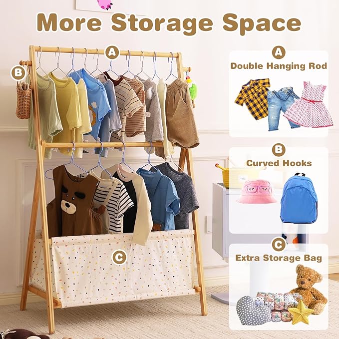 Kids Clothing Rrack- Kids Dress Up Rack for Little Girls, Bamboo Kids Clothes Rack, Toddler Dress Up Storage Rack & Folding Costume Rack, Double Rods, Pets Clothes Rack with Storage, Spot