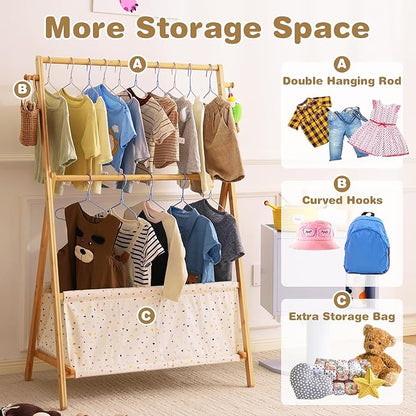 Kids Clothing Rrack- Kids Dress Up Rack for Little Girls, Bamboo Kids Clothes Rack, Toddler Dress Up Storage Rack & Folding Costume Rack, Double Rods, Pets Clothes Rack with Storage, Spot