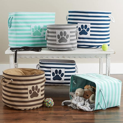 Bone Dry Pet Storage Collection Striped Paw Patch Bin, Medium Round, Gray
