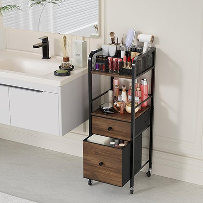 HapiRm Rolling Makeup Cart Organizer - Floor Skincare Make Up Storage with 2 Non-woven Fabric Drawers, Vanity Organizer Cosmetic Display Cases Holder for Skin Care Perfume Nail Polish Brush Hair Tool