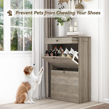Shoe Cabinet with 2 Flip Drawers, Narrow Freestanding Shoe Storage Organizer, Slim Wooden Hidden Shoe Rack for Front Door Entrance, Closet, Hallway, Living Room, Rustic Gray