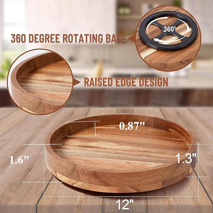 12 Inch Acacia Wood Lazy Susan Organizer for Cabinet, Lazy Susan Turntable for Countertop Table Pantry, Kitchen Turntable Storege Container