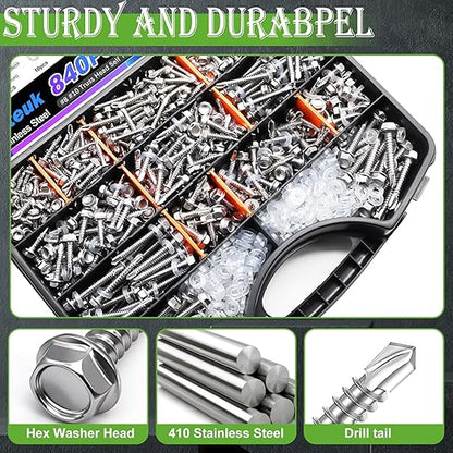 mxuteuk 840PCS #8#10#12#14 Self Tapping Screws for Metal,410 Stainless Steel Self Drilling Screws,Hex Head 1/2" to 1-1/2'' Self Tapping Screw for Plastic(420pcs Silver Screw+420pcs Washer)