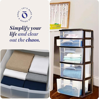 HOMZ Drawer Tower, 5-Tier Clear Plastic Storage Organizer Unit, Black Frame - Multi-Purpose Container Drawers for Bedroom, Bathroom, and Office Organization