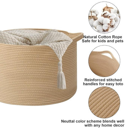 65L Large Blanket Basket,19.7" L x 19.7" W x 13" H Rope Woven Baskets with Handles, Toys Storage Bins,Laundry Basket Perfect for Living Room, Nursery,Bedroom,Home Organization,Camel