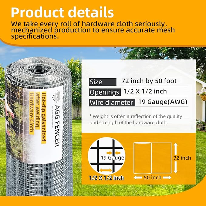 72inch x 50ft Hardware Cloth 1/2 inch Chicken Wire Fencing 19Ga, Hot Dipped Galvanized After Welding Garden Plant Supports Welded Metal Chicken Wire Fence Poultry Animal Netting Cage Screen