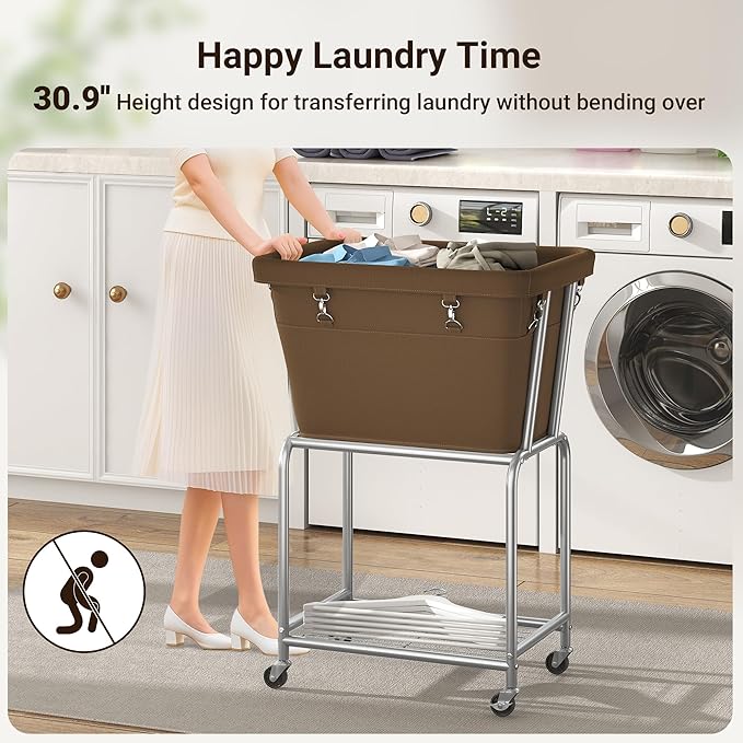 ELYKEN Rolling Laundry Hamper with Wheels, Laundry Cart with Removable Bag, Heavy Duty Metal Frame, 2-Tier Clothes Basket Hamper with Shelf for Closet, Bedroom, Bathroom, Laundry Room, Camel Brown