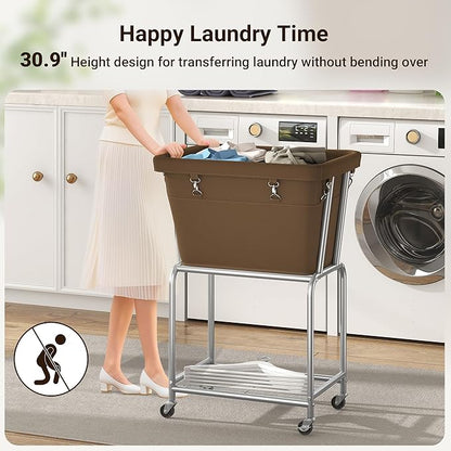 ELYKEN Rolling Laundry Hamper with Wheels, Laundry Cart with Removable Bag, Heavy Duty Metal Frame, 2-Tier Clothes Basket Hamper with Shelf for Closet, Bedroom, Bathroom, Laundry Room, Camel Brown