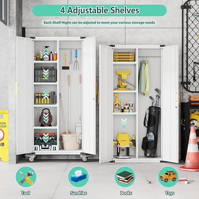 71" Garage Storage Cabinet with Hanging Rod,Lockable Metal Broom Closet Storage Cabinet with 4 Adjustable Shelves for Tools,Garage Home,Office Required Assembly,White