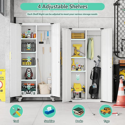 71" Garage Storage Cabinet with Hanging Rod,Lockable Metal Broom Closet Storage Cabinet with 4 Adjustable Shelves for Tools,Garage Home,Office Required Assembly,White