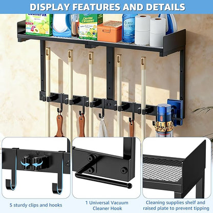 Broom Holder Wall Mount, 27" Large Mop and Broom Organizer Wall Hanging with Top Storage Shelf & Vacuum Hook, Heavy Duty Iron Utility Rack for Laundry Room, Garage, Kitchen, Garden - Black