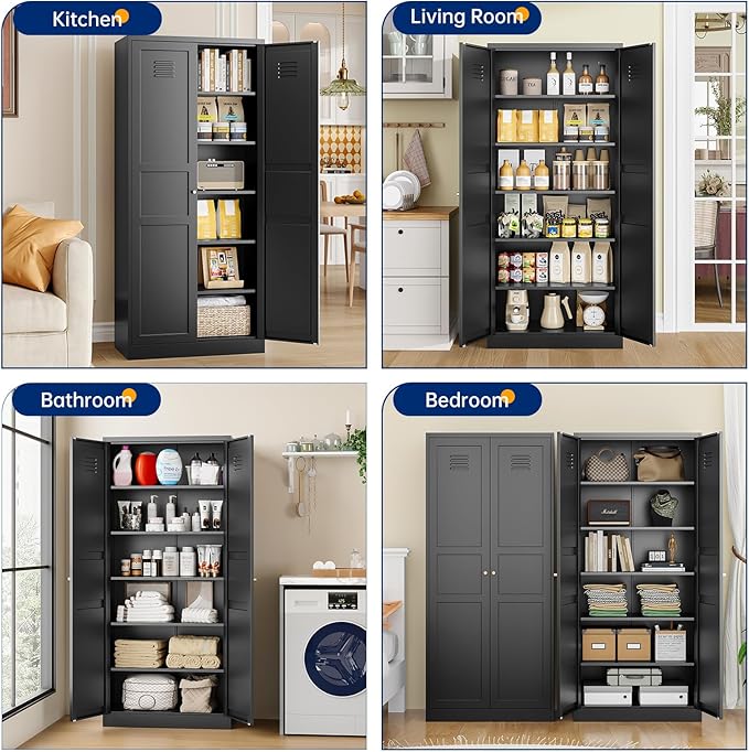MIIIKO Metal Pantry Cabinet, Utility Storage Cabinets with 2 Doors and 5 Shelves, Freestanding Black Tall Cupboard for Garage, Shop, Laundry Room and Office, 71" H x 15.7" D x 31.5" W